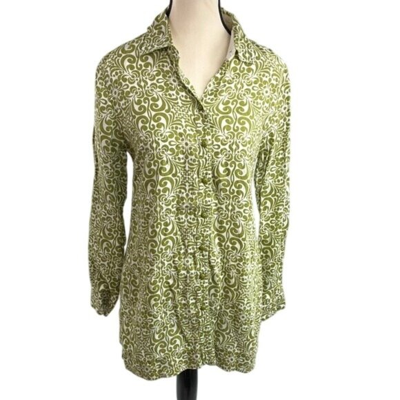 Charter Club Button Front Blouse Womens Size 6 Green White Scroll Print Linen - Picture 1 of 7